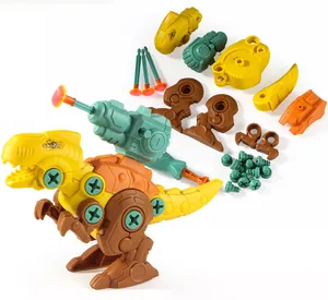 Detail view of DIY dinosaur construction toy with colorful parts and plastic assembly screws