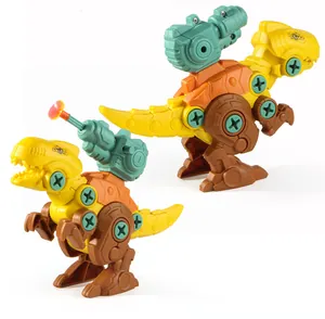Detail view of T-Rex assembly toy with plastic screws and orange launchers for kids