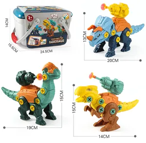 Detail view of the storage bucket, electric drill, and three DIY assembly dinosaur toys