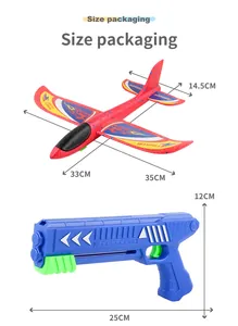 Dimensions détaillées du lanceur bleu de 25cm et de l'avion en mousse rouge de 14,5cm