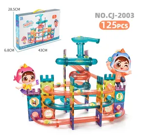 Detail of 125pcs magnetic tile ball run set with colorful tracks and retail box size info