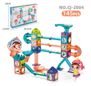 Detailed 145pcs 3D magnetic tiles marble run blocks set with packaging size and dimensions