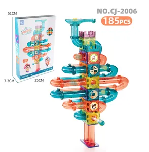 Colorful 185pcs marble run magnetic tiles set with multi-layer spiral track and retail box
