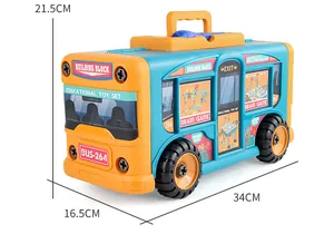 Detailed view of educational bus toy with 34x21.5x16.5cm dimensions and plastic screws