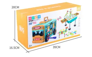 Detailed packaging showing 260+ PCS STEM DIY construction bus toy set dimensions