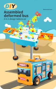 Detail of 2-in-1 building block bus toy showing foldable workbench and DIY pieces