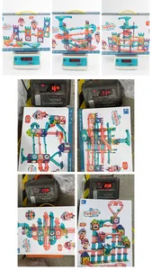Detailed weight measurements of magnetic block sets with colorful cartoon packaging and parts