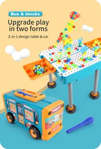 Close-up of 2-in-1 assembly bus building block table with colorful screws and tools
