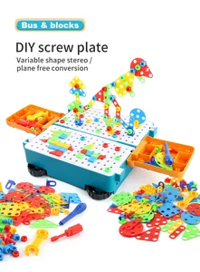 Detail view of colorful DIY screw blocks and storage bus for 2D and 3D shapes
