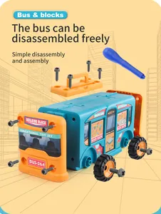 Exploded view of DIY building block bus with detachable screws and assembly tools