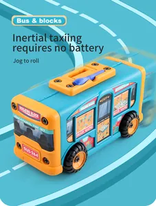 Detailed view of inertial bus toy with brain game stickers and easy-grip blue handle
