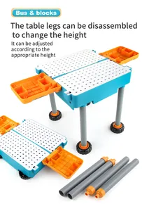 Detail of DIY building blocks table with detachable legs for adjustable height bus toy