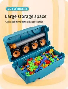 Large storage space inside the blue toy bus showing all colorful blocks and accessories