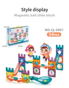 54-piece DIY magnetic building block set with colorful pipes, balls, and castle design
