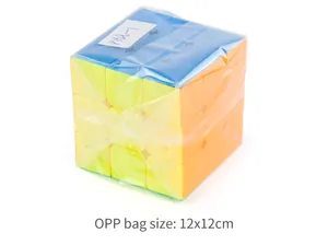 Classic 3x3 speed cube showing rounded corners and color segments in a protective OPP bag