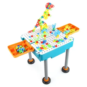2-in-1 DIY building block activity table and bus storage box with colorful screws