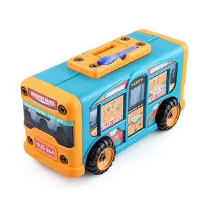 2-in-1 building block bus storage table with DIY assembly parts and educational tools