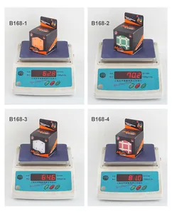 Detailed weight display of four different puzzle cube models on a digital scale