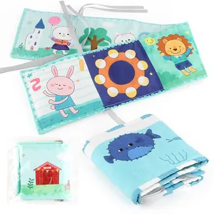 Doppelseitiges buntes Baby-Stoffbuch mit Bauernhoftieren und weichen Bändern für das Bett