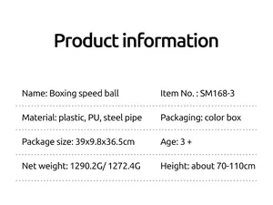 Detailed specifications for height-adjustable boxing speed ball set with packing dimensions