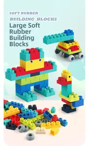 Assembled robot and crane models made from colorful soft rubber building blocks