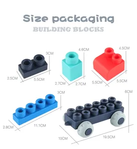 Size chart showing exact dimensions of colorful large building blocks for baby education
