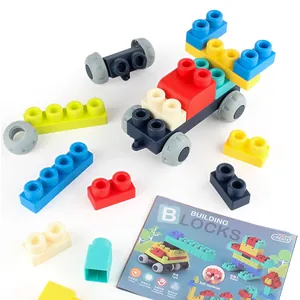 Colorful soft rubber building blocks for babies, including wheels and model instructions