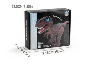 Detail showing the dimensions and packaging of the Tyrannosaurus Rex building toy kit