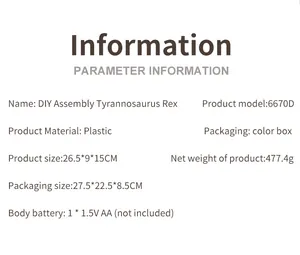 Detailed specifications and size chart for the DIY assembly Tyrannosaurus Rex toy model