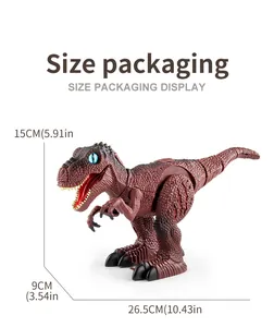 Detailed size chart of walking T-Rex toy showing dimensions in cm and inches