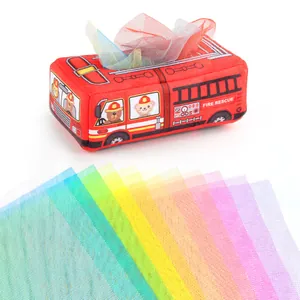 Educational fire truck tissue box toy for babies with colorful sensory mesh scarves