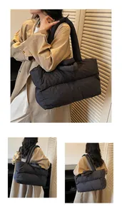 Three-way view of quilted puffer tote bag styled with a trench coat for winter