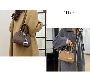 Detail of chevron pattern shell bag in brown tones with handle and lock charm