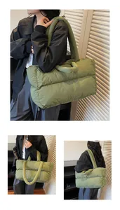 Detailed views of a green puffer quilted tote bag worn by a model in different angles