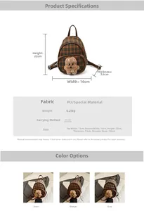 Petit sac à dos à carreaux montrant les dimensions et l'ornement d'ours en peluche