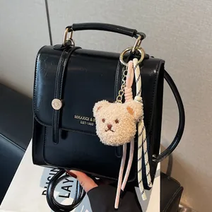 Fashion PU Leather Backpack Women Preppy Style School Bag With Plush Bear Charm Ribbon For Daily Travel Commuting Handbag