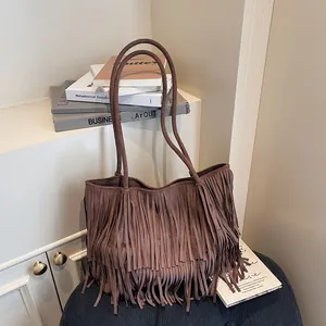 Retro Bohemian Fringe Tote Bag For Women Large Capacity Suede Velvet Shoulder Bag Solid Color Tassel Handbag With Magnetic Snap