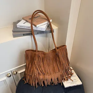 Brown fringe tote bag in suede texture, large vintage style shoulder bag for daily use