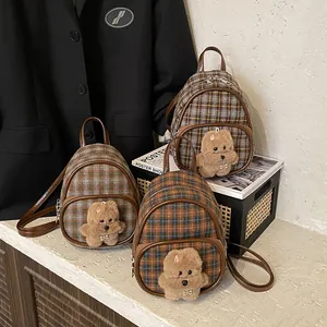 Mini sacs à dos à carreaux avec breloques d'ours en peluche de style coréen