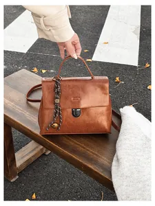 Nahaufnahme der braunen Vintage-Ledertasche mit Metallverschluss auf einer Parkbank