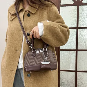 Retro brown color-block shell-shaped handbag with houndstooth pattern and leather trim