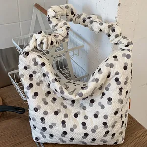 Women Casual Polka Dot Quilted Tote Bag Ruched Cloud Strap Large Capacity Fashion Shopping Shoulder Bag Korean Style Handbag