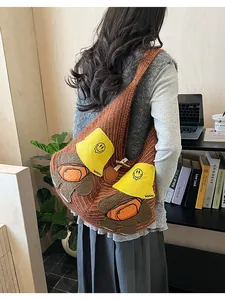 Detail of a brown knit tote bag with 3D cartoon patches and premium leather button closure