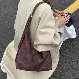 Women Large Capacity Faux Suede Hobo Bag Vintage Minimalist Tote Shoulder Bag Commuter Solid Color Underarm Shopper Bag