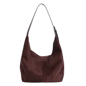 Large dark brown suede hobo bag for women with adjustable leather strap in 2025 retro style