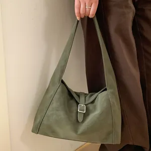 Retro dark green matte leather underarm bag with silver buckle for daily commute