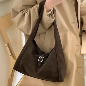 Retro coffee suede shoulder bag for women with silver metal buckle and minimalist style