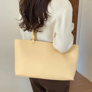 Large cream-colored PU leather tote bag for women, minimalist shoulder bag for daily commute