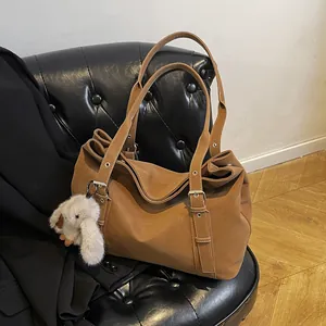 Retro Frosted Large Capacity PU Leather Tote Bag With Plush Rabbit Charm Fashion Single Shoulder Underarm Bag For Women