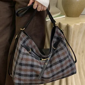 Vintage plaid canvas tote bag with black leather trim and large capacity hobo design